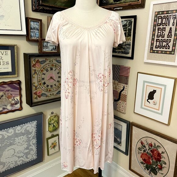 80s Vintage Deadstock JCPenney Pink Floral Nylon Midi Nightie and Robe Set M - Picture 4 of 8